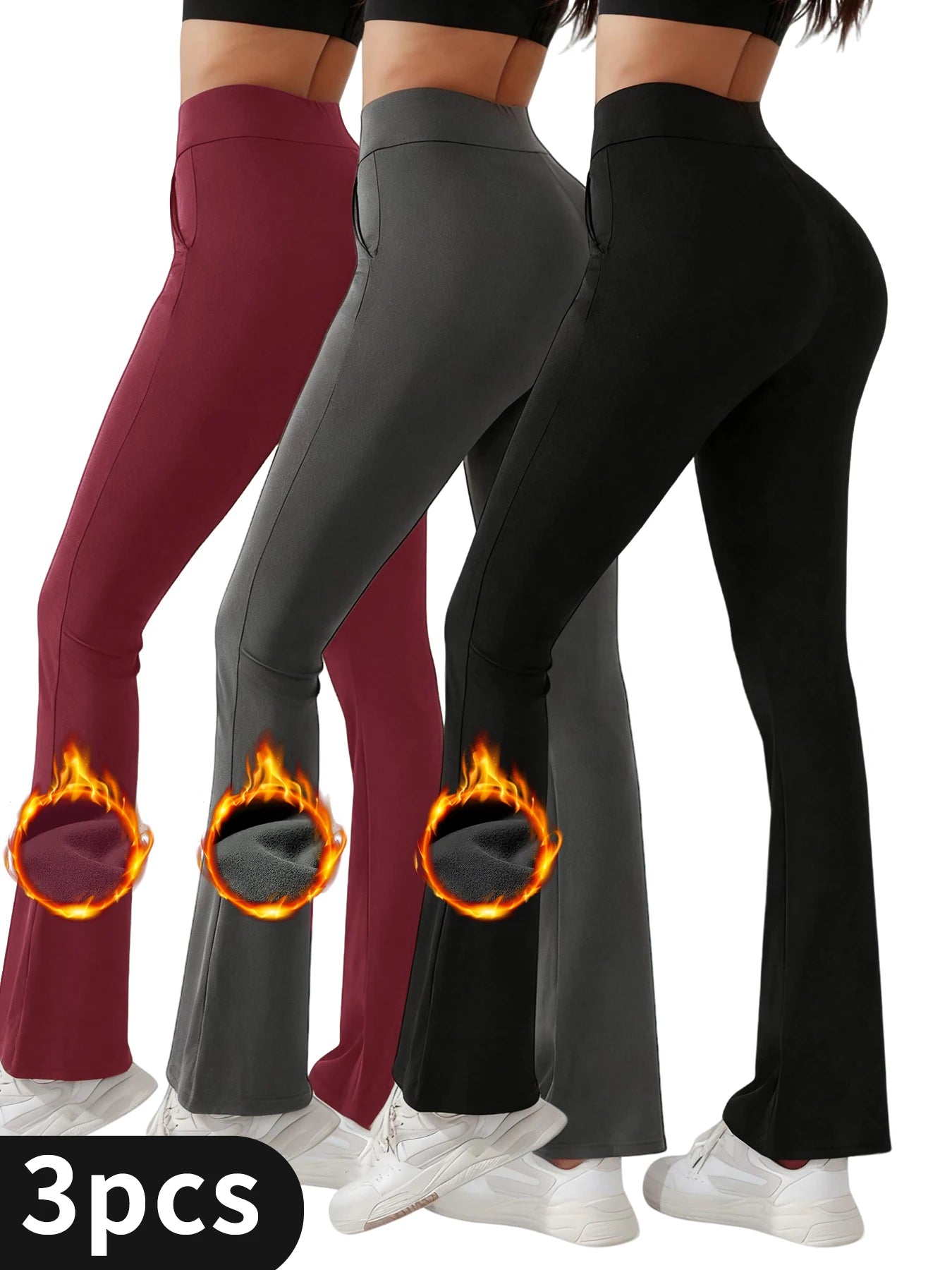 NONECN 3-Pack Women's Fleece Wide-Leg High Waist Pants Slimming