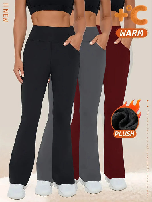 NONECN 3-Pack Women's Fleece Wide-Leg High Waist Pants Slimming