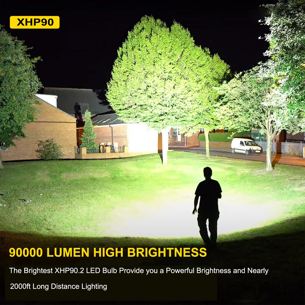 KIQUNE 90000 Lumens LED Tactical Flashlight USB Rechargeable XHP90 Zoomable