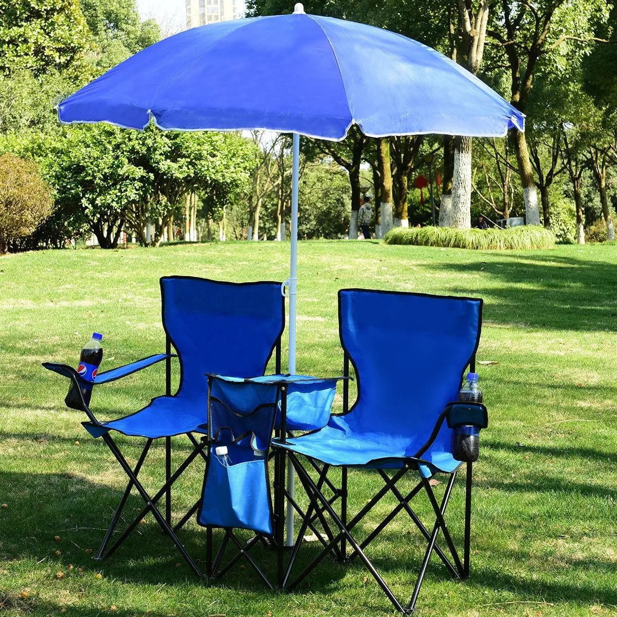Foldable Double Chair With Umbrella Table And Cooler Outdoors