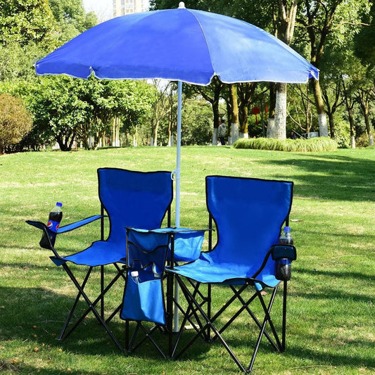 Foldable Double Chair With Umbrella Table And Cooler Outdoors