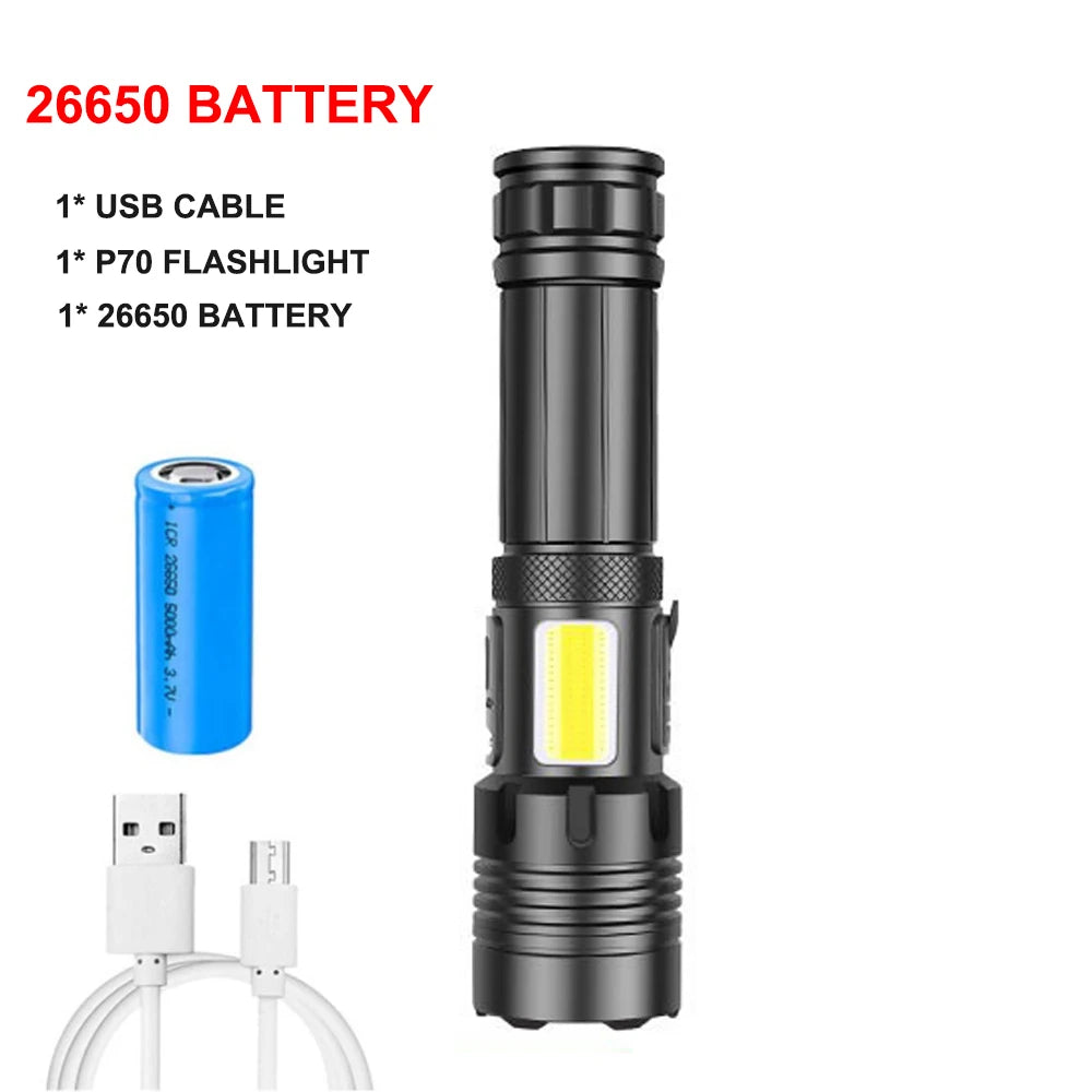 KIQUNE 90000 Lumens LED Tactical Flashlight USB Rechargeable XHP90 Zoomable