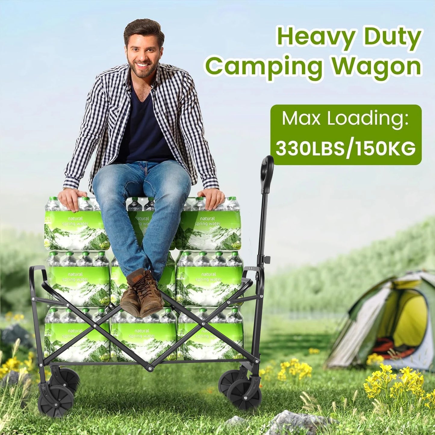 Heavy Duty Foldable Wagon Cart With All Terrain Wheels And Drink Holders