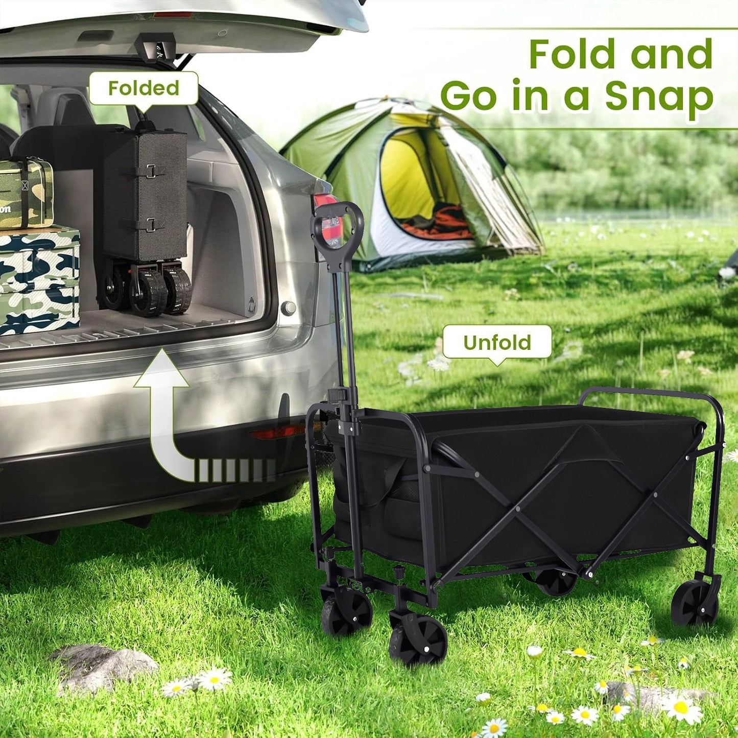 Heavy Duty Foldable Wagon Cart With All Terrain Wheels And Drink Holders