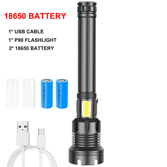 KIQUNE 90000 Lumens LED Tactical Flashlight USB Rechargeable XHP90 Zoomable