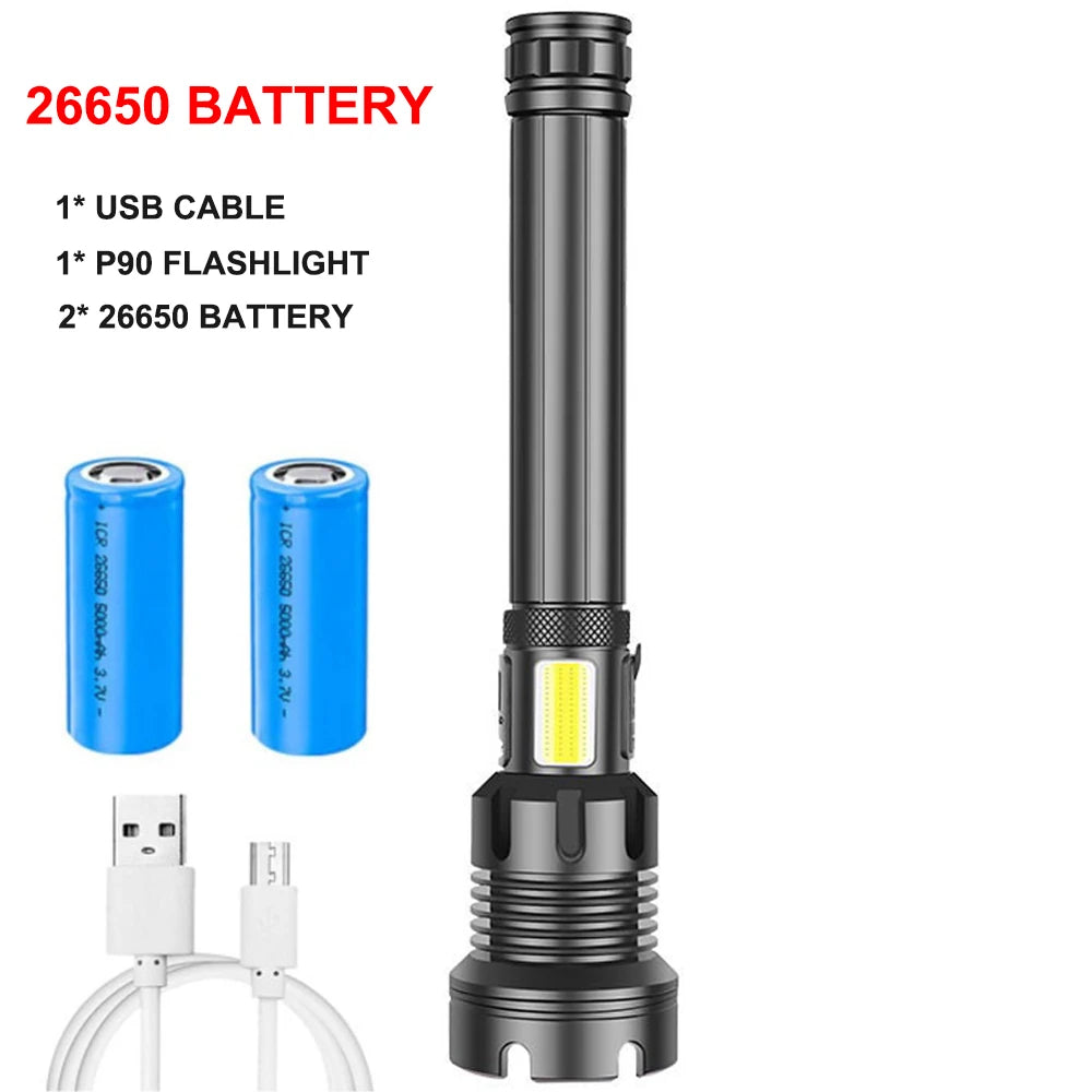 KIQUNE 90000 Lumens LED Tactical Flashlight USB Rechargeable XHP90 Zoomable