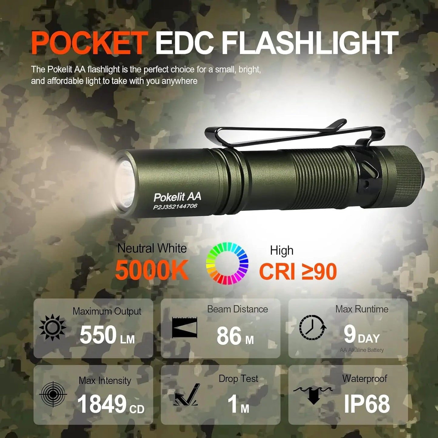 Rechargeable AA Mini Flashlight High CRI LED Pocket EDC For Camping And Hiking
