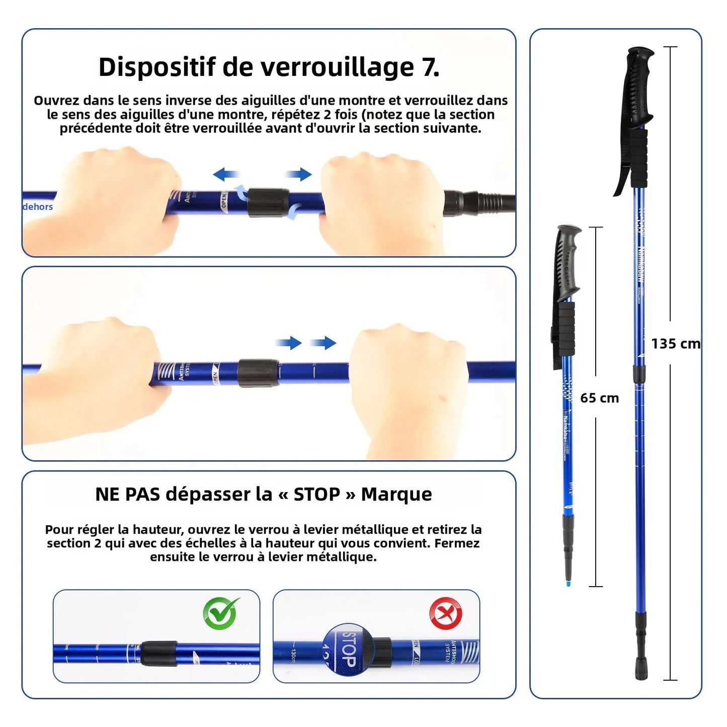 NONECN Ultralight 3-Section Trekking Poles Aluminum Telescopic Nordic Walking