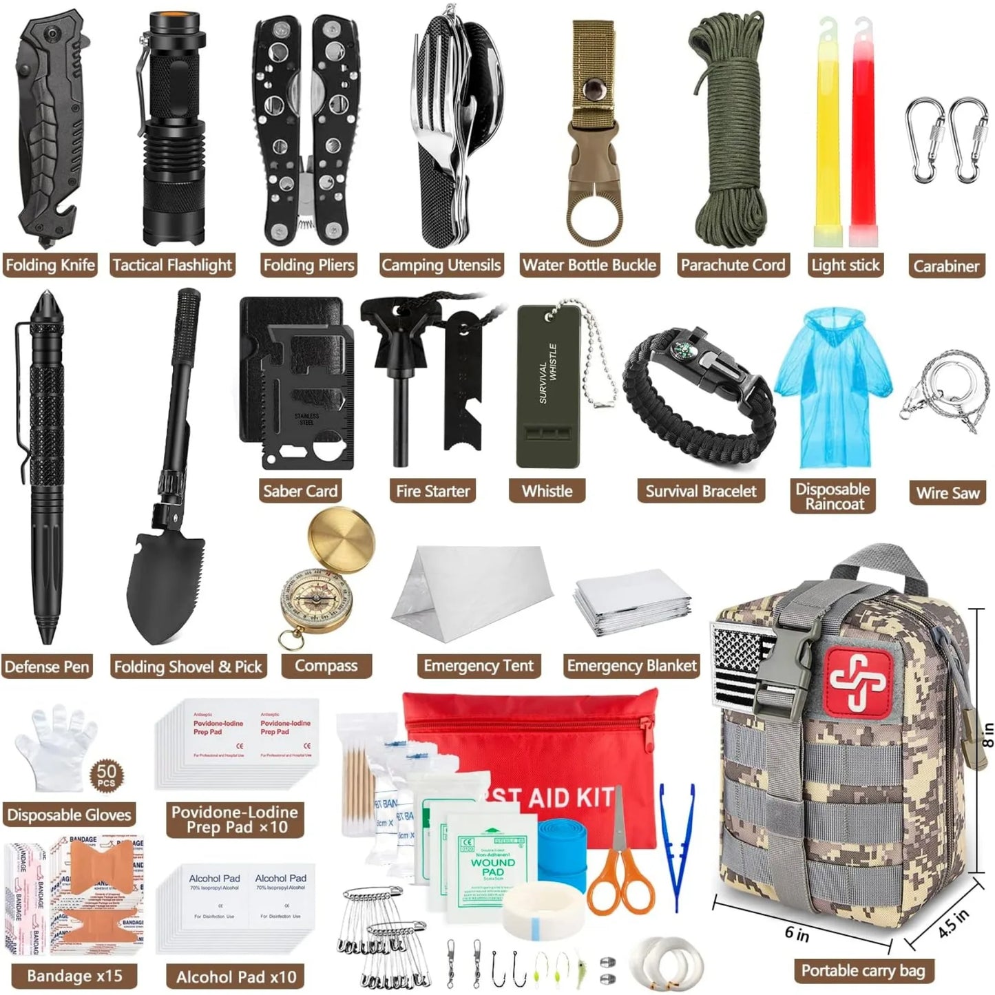 Emergency Survival Kit 238Pcs With Tactical Molle Pouch And Tent For Earthquake