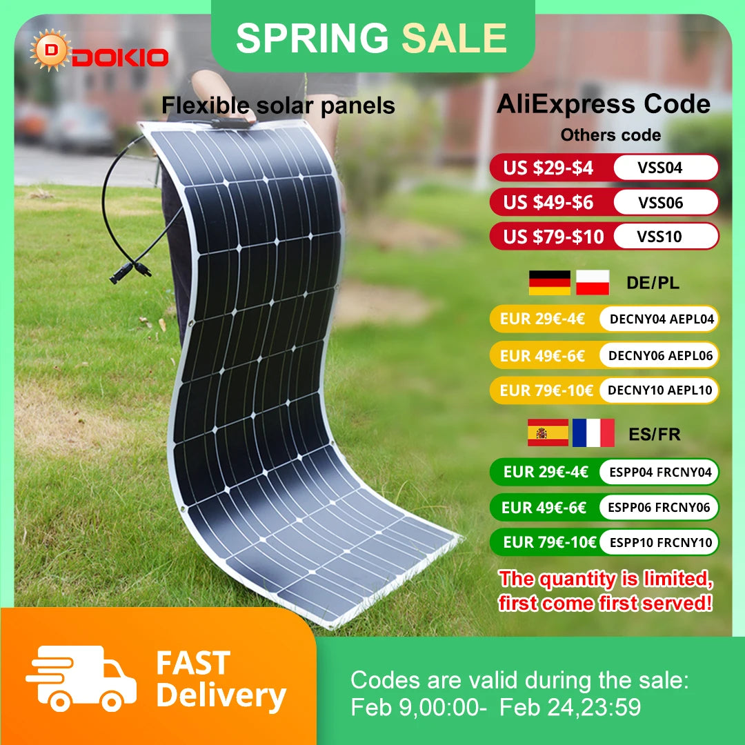 DOKIO Waterproof 100W Flexible Monocrystalline Solar Panel