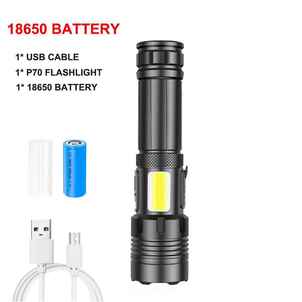 KIQUNE 90000 Lumens LED Tactical Flashlight USB Rechargeable XHP90 Zoomable
