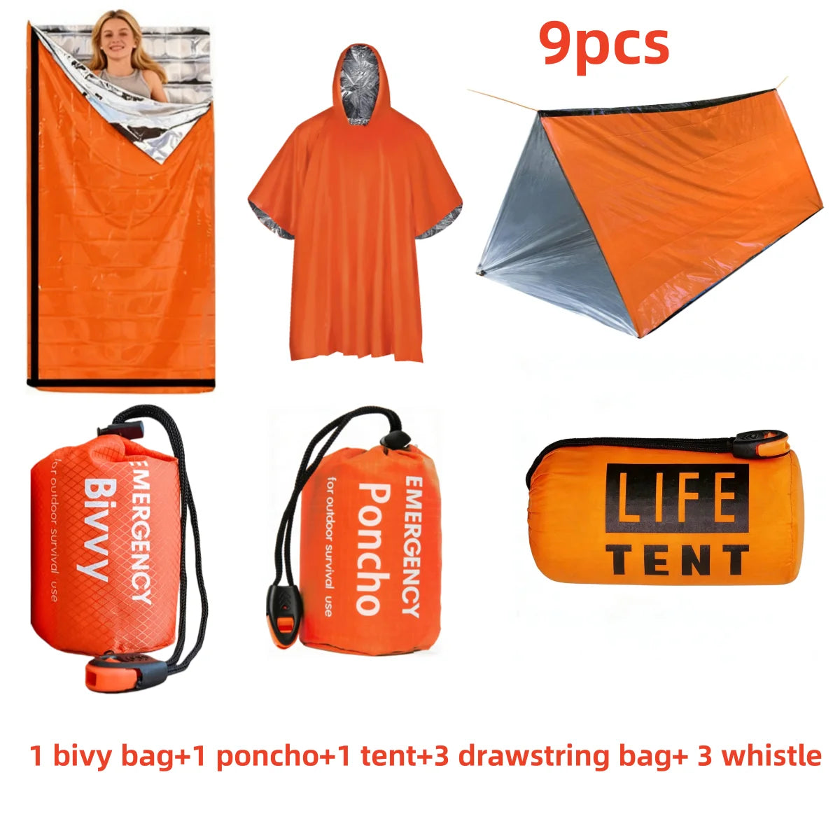 Nine Piece Emergency Survival Kit With Thermal Bivvy And Poncho