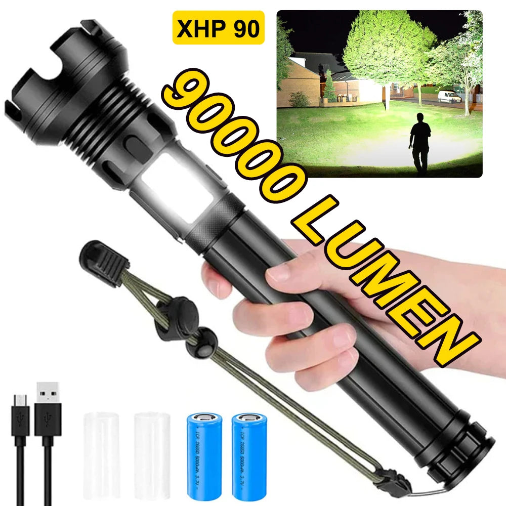 KIQUNE 90000 Lumens LED Tactical Flashlight USB Rechargeable XHP90 Zoomable