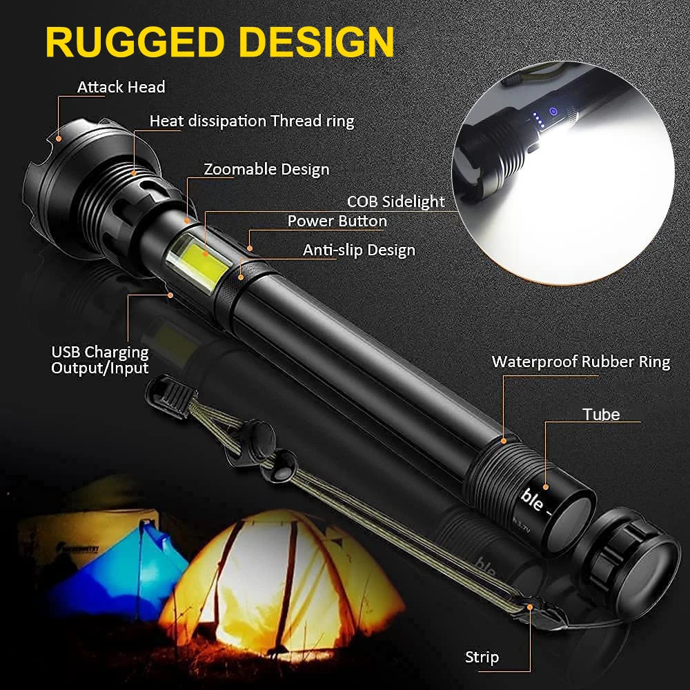 KIQUNE 90000 Lumens LED Tactical Flashlight USB Rechargeable XHP90 Zoomable