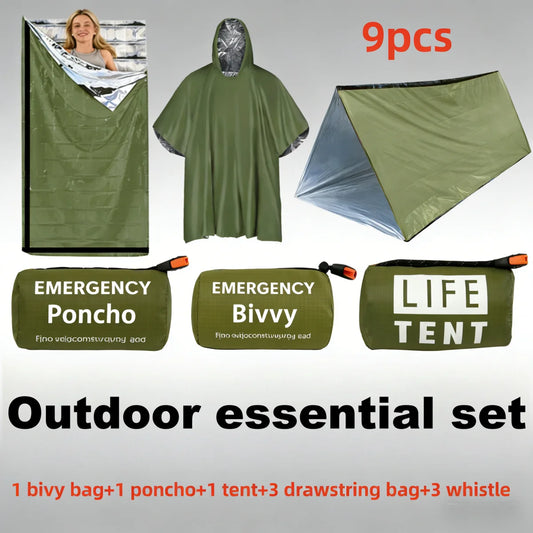 Nine Piece Emergency Survival Kit With Thermal Bivvy And Poncho
