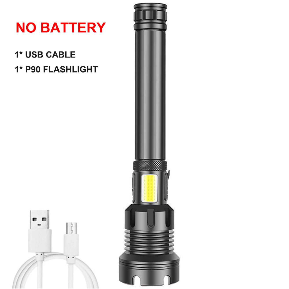 KIQUNE 90000 Lumens LED Tactical Flashlight USB Rechargeable XHP90 Zoomable