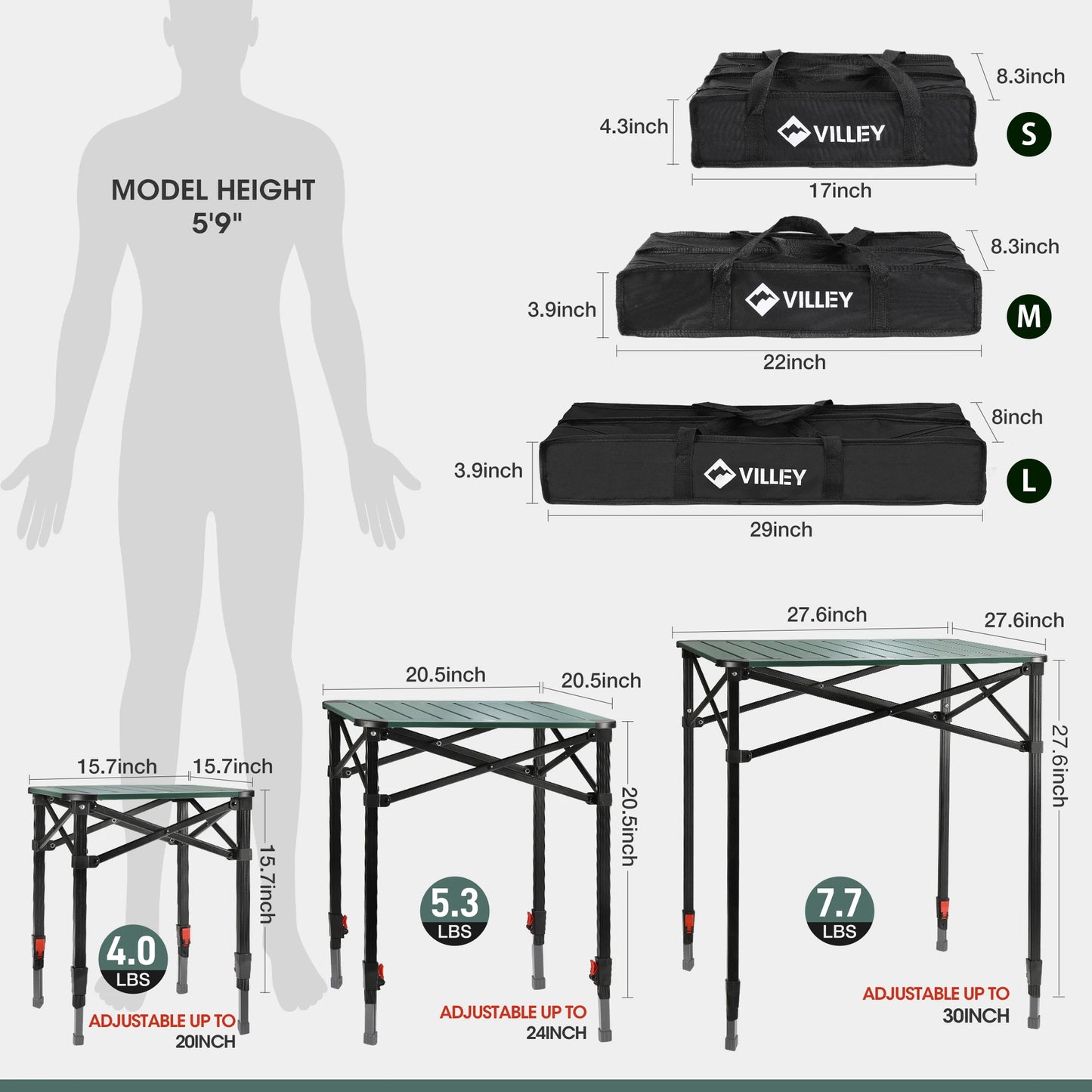 VILLEY Folding Camping Square Table with Carry Bag