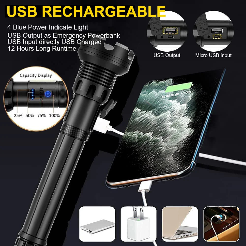 KIQUNE 90000 Lumens LED Tactical Flashlight USB Rechargeable XHP90 Zoomable