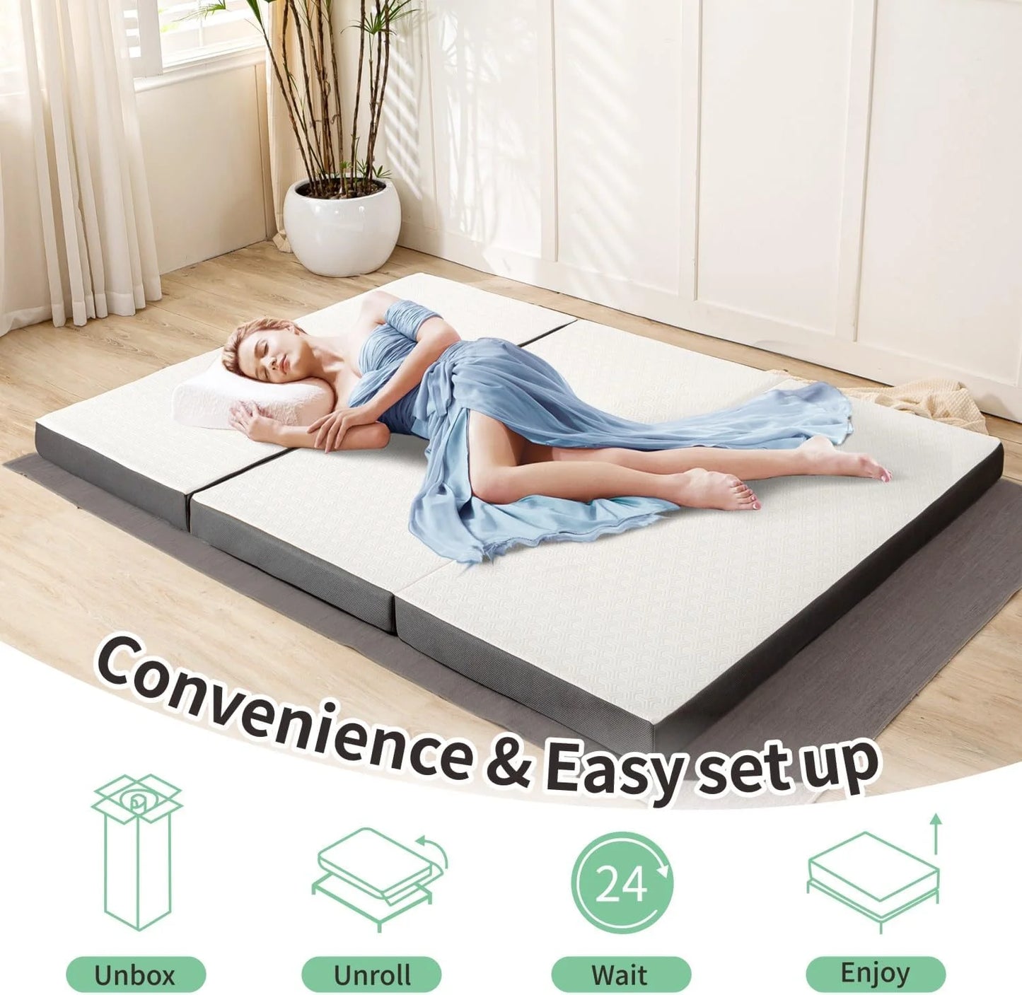 Hcore Tri-Fold Mattress With Washable Cover, Storage Pockets, Non-Slip
