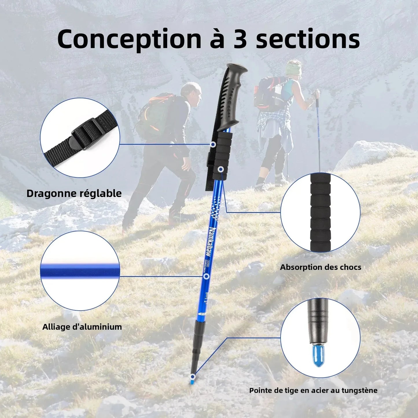 NONECN Ultralight 3-Section Trekking Poles Aluminum Telescopic Nordic Walking